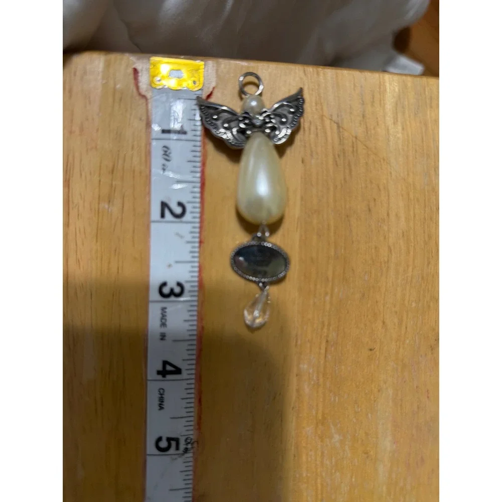 Silver Tone Angel Peace Love Joy Faux Pearl‎ Crystal Ornament Pendant